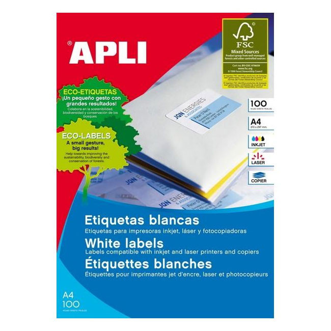 Етикети Apli 64.6x33.8 mm А4, 100 л. 24 ет. бели